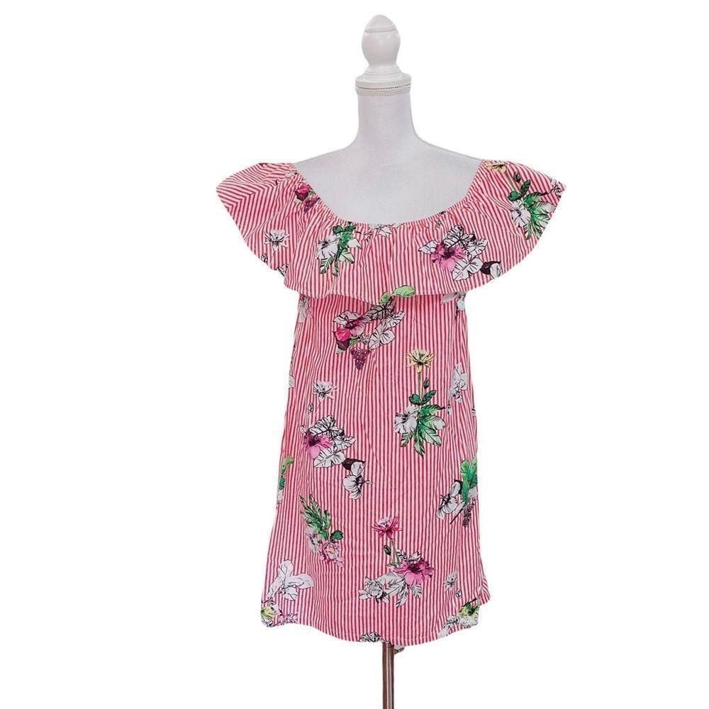 VELVET & HEART White Red Stripe Off Shoulder Floral Mini Dress 100% Cotton